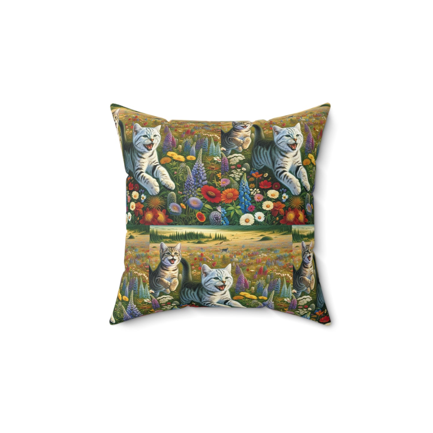 Square Pillow Cute Cats and Flowers Design