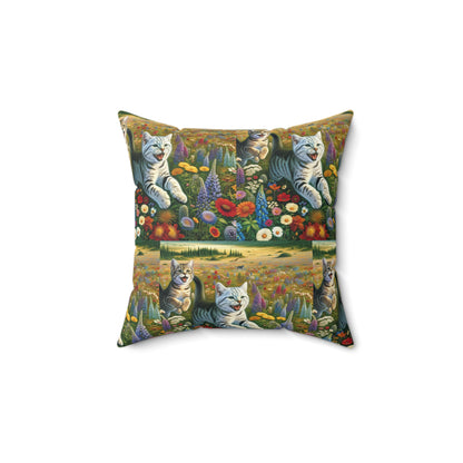 Square Pillow Cute Cats and Flowers Design